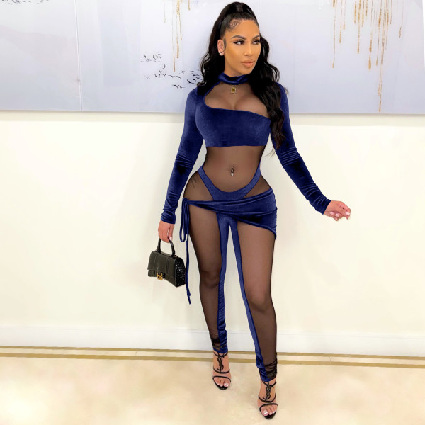 Velvet Mesh Patchwork Sexy Night Club Jumpsuit YS-8830