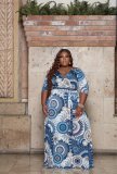 Plus Size Printed V Neck Sashes Maxi Dress XMY-9326