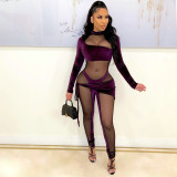 Velvet Mesh Patchwork Sexy Night Club Jumpsuit YS-8830