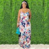 Floral Print Spaghetti Strap Maxi Dress (With Headscarf) XMY-9306