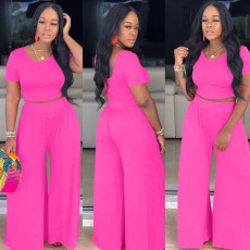 Plus Size Solid Short Sleeve Wide Leg Pants 2 Piece Sets XMY-9318