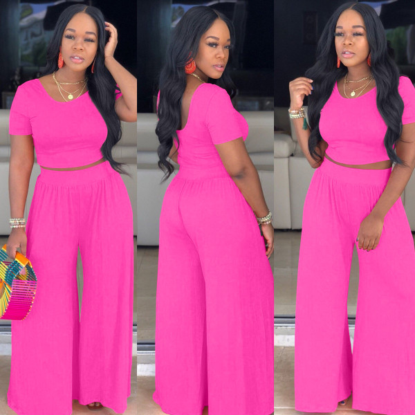Plus Size Solid Short Sleeve Wide Leg Pants 2 Piece Sets XMY-9318
