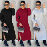 Solid Casual Hooded Split Maxi Dress GLF-10064