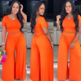 Plus Size Solid Short Sleeve Wide Leg Pants 2 Piece Sets XMY-9318