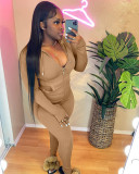Solid Ribbed Hooded Long Sleeve Zipper 2 Piece Sets FSL-F180