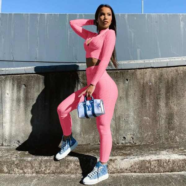 Solid Fitness Long Sleeve Zipper 2 Piece Pants Set XMY-9311 