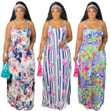 Floral Print Spaghetti Strap Maxi Dress (With Headscarf) XMY-9306