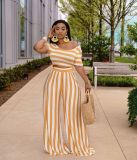 Plus Size Striped Short Sleeve Wide Leg Pants 2 Piece Sets XMY-9310