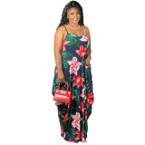 Plus Size Printed Spaghetti Strap Loose Maxi Dress XMY-9317