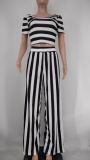 Plus Size Striped Short Sleeve Wide Leg Pants 2 Piece Sets XMY-9310