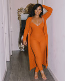 Solid Sling Jumpsuit+Full Sleeve Long Cloak 2 Piece Sets YS-8832