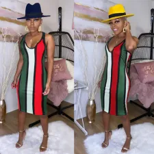 Sleeveless Color Striped Slim Dress FSXF-55