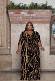 Plus Size Printed V Neck Sashes Maxi Dress XMY-9326