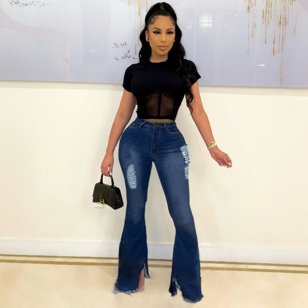 Denim Ripped Hole Mid-Waist Flared Jeans LX-2515