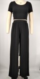 Plus Size Solid Short Sleeve Wide Leg Pants 2 Piece Sets XMY-9318