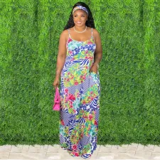 Floral Print Spaghetti Strap Maxi Dress (With Headscarf) XMY-9306