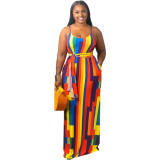 Plus Size Printed Spaghetti Strap Loose Maxi Dress XMY-9317