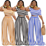 Plus Size Striped Short Sleeve Wide Leg Pants 2 Piece Sets XMY-9310