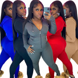 Solid Ribbed Hooded Long Sleeve Zipper 2 Piece Sets FSL-F180