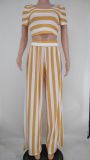 Plus Size Striped Short Sleeve Wide Leg Pants 2 Piece Sets XMY-9310