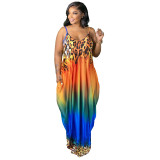 Plus Size Printed Spaghetti Strap Loose Maxi Dress XMY-9317