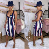 Sleeveless Color Striped Slim Dress FSXF-55
