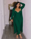 Solid Sling Jumpsuit+Full Sleeve Long Cloak 2 Piece Sets YS-8832