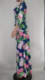 Plus Size Printed V Neck 3/4 Sleeve Sashes Maxi Dress XMY-9316