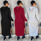 Solid Casual Hooded Split Maxi Dress GLF-10064