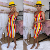 Sleeveless Color Striped Slim Dress FSXF-55