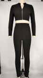 Solid Fitness Long Sleeve Zipper 2 Piece Pants Set XMY-9311 