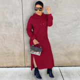 Solid Casual Hooded Split Maxi Dress GLF-10064