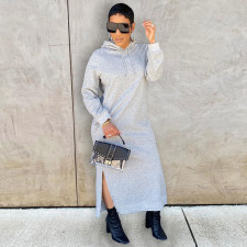 Solid Casual Hooded Split Maxi Dress GLF-10064