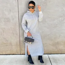 Solid Casual Hooded Split Maxi Dress GLF-10064