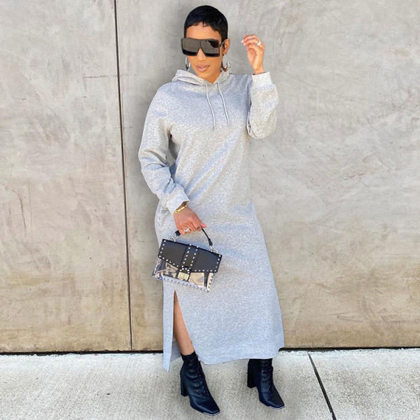Solid Casual Hooded Split Maxi Dress GLF-10064