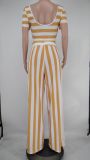 Plus Size Striped Short Sleeve Wide Leg Pants 2 Piece Sets XMY-9310