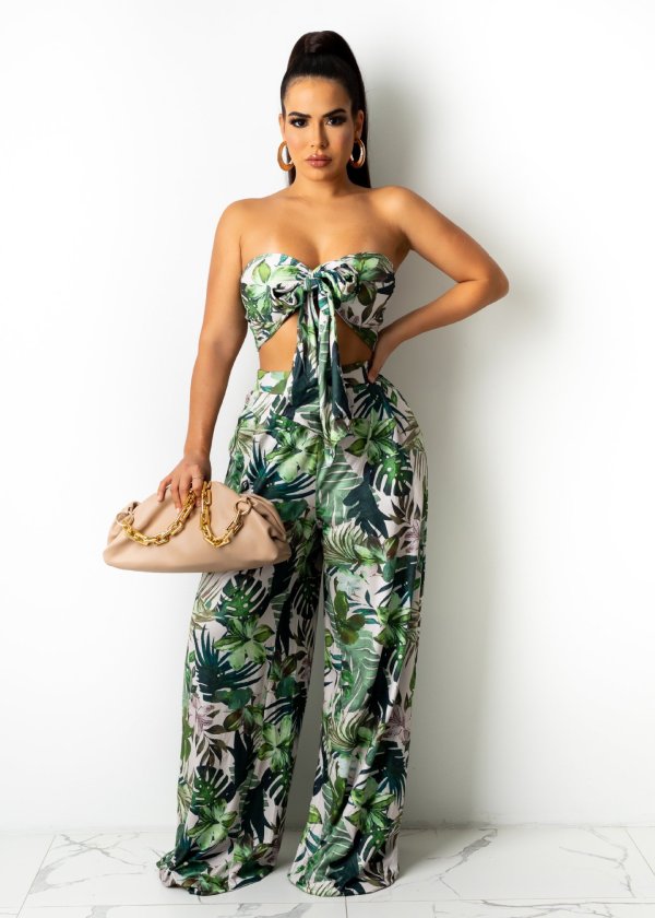 Sexy Printed Wrap Chest Wide Leg Pants 2 Piece Sets XMY-9319 