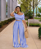 Plus Size Striped Short Sleeve Wide Leg Pants 2 Piece Sets XMY-9310