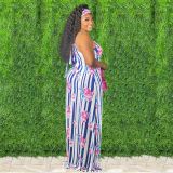 Floral Print Spaghetti Strap Maxi Dress (With Headscarf) XMY-9306