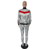 Snake Skin Print Sports Zipper Long Sleeve 2 Piece Sets NK-8508
