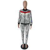 Snake Skin Print Sports Zipper Long Sleeve 2 Piece Sets NK-8508