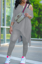 Plus Size Irregular Hem Long Sleeve And Ruched Pants Two Piece Sets NY-2015