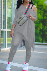 Plus Size Irregular Hem Long Sleeve And Ruched Pants Two Piece Sets NY-2015