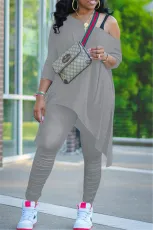 Plus Size Irregular Hem Long Sleeve And Ruched Pants Two Piece Sets NY-2015