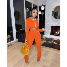 Solid Hooded Lace-Up Top Stacked Pants 2 Piece Sets FOSF-8110