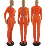Solid Hooded Lace-Up Top Stacked Pants 2 Piece Sets FOSF-8110