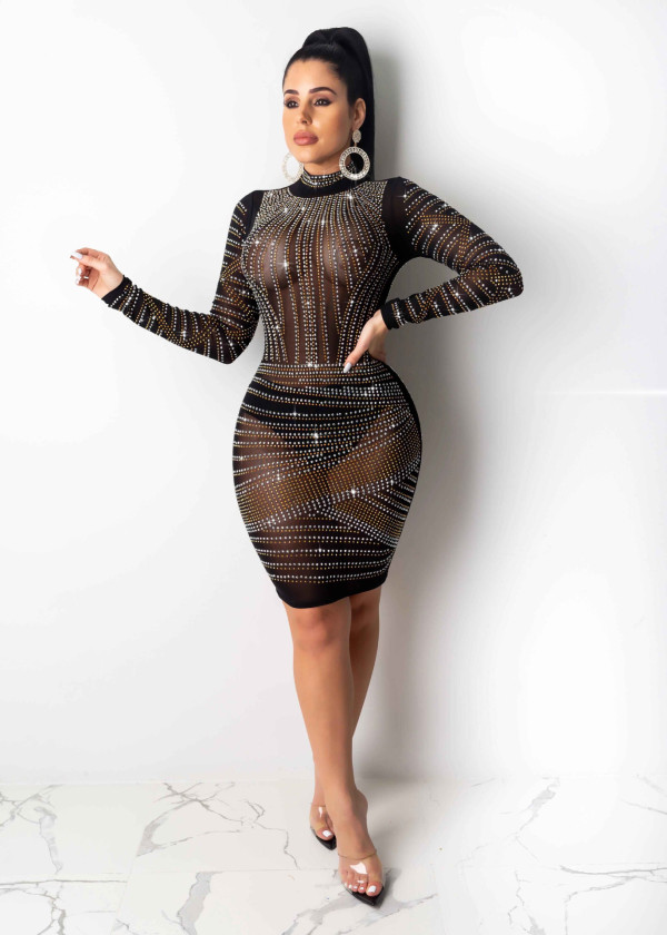 Sexy Hot Rhinestone See-through Long Sleeve Club Dress NY-8865
