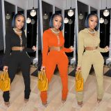 Solid Hooded Lace-Up Top Stacked Pants 2 Piece Sets FOSF-8110