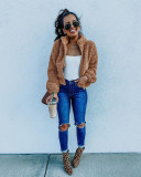 Autumn Winter Zipper Plush Solid Color Coat Tops NY-8858