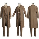 Solid Ribbed Tank Top+Long Cloak+Pants 3 Piece Sets FSXF-F314